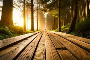 a wooden path in the forest with the sun shining. AI-Generated photo