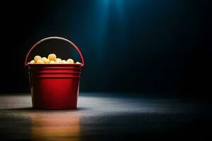 a bucket filled with popcorn on a dark background. AI-Generated photo