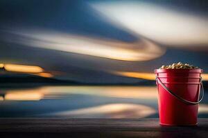 a red bucket with peanuts sitting on a wooden table. AI-Generated photo