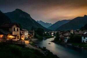 photo wallpaper the sky, mountains, river, house, the village, the river, the village. AI-Generated