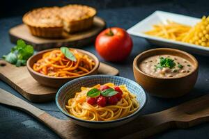spaghetti with tomato sauce, cheese and bread on a wooden board. AI-Generated photo