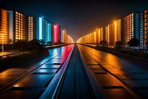 a long exposure photo of a train track in front of buildings. AI-Generated