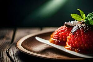 two strawberries on a plate with chocolate and mint. AI-Generated photo