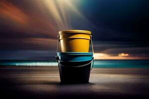 two buckets on the beach with a storm in the background. AI-Generated photo
