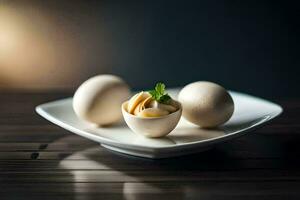 Tres huevos en un plato con un hoja. generado por ai foto