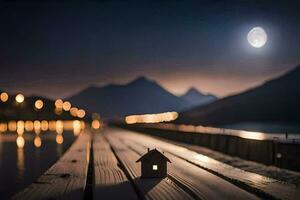 a small house sits on a pier in front of a lake. AI-Generated photo