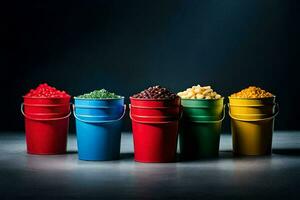 a row of colorful buckets with different colored beans. AI-Generated photo