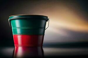 a red and green bucket sitting on a table. AI-Generated photo