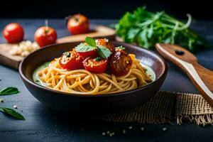spaghetti with tomatoes and basil leaves in a bowl. AI-Generated photo