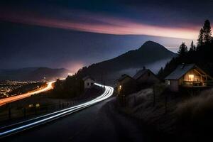 a long exposure photo of a road and houses in the mountains. AI-Generated
