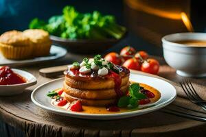 un apilar de panqueques con tomate salsa y queso. generado por ai foto