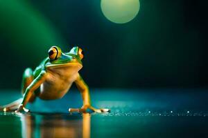 a frog is standing on a wet surface. AI-Generated photo