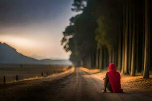 a woman in a red cloak sits on the side of a road. AI-Generated photo