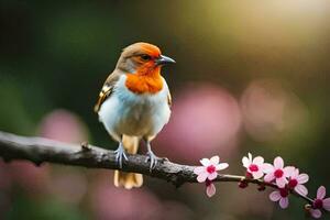 a bird sitting on a branch with pink flowers. AI-Generated photo