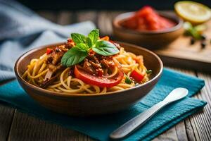 spaghetti with meat and tomatoes in a bowl on a wooden table. AI-Generated photo