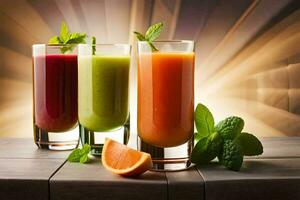 three different juices are shown in glasses. AI-Generated photo