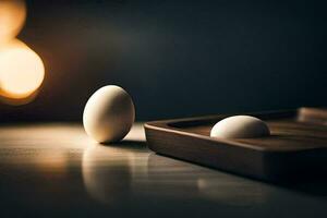 two eggs on a wooden tray in front of a light. AI-Generated photo