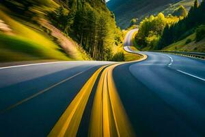 un borroso imagen de un la carretera con amarillo líneas. generado por ai foto