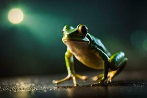 a frog is standing on a dark surface. AI-Generated photo