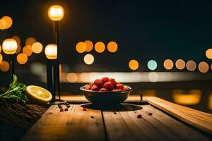 a bowl of raspberries and lemon on a wooden table with candles. AI-Generated photo