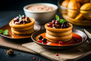 three pancakes with berries and syrup on a wooden board. AI-Generated photo