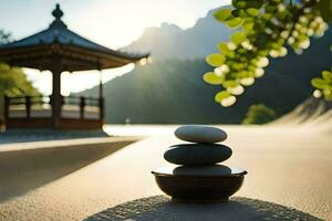 a stack of stones on a beach with a pagoda in the background. AI-Generated photo