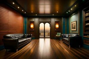 a room with wooden floors and black leather sofas. AI-Generated photo