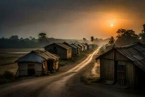 a road leading to a village at sunset. AI-Generated photo