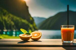 naranja jugo en un de madera mesa con montañas en el antecedentes. generado por ai foto