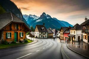 photo wallpaper the sky, mountains, road, houses, mountains, road, houses, mountains,. AI-Generated
