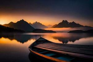 un barco se sienta en el agua a puesta de sol con montañas en el antecedentes. generado por ai foto