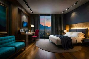 a modern hotel room with a view of the mountains. AI-Generated photo