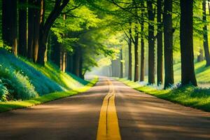 a long road with trees lining both sides. AI-Generated photo