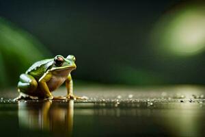 a frog sitting on the ground with water droplets on it. AI-Generated photo