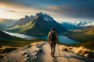 un hombre camina en un camino en el montañas. generado por ai foto