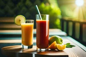 two glasses of juice with an apple and orange. AI-Generated photo
