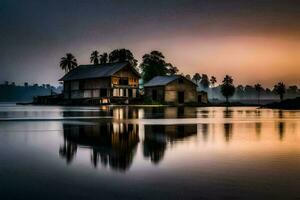 un casa se sienta en el agua a puesta de sol. generado por ai foto