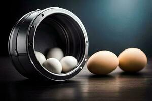 a close up of eggs in a metal container. AI-Generated photo