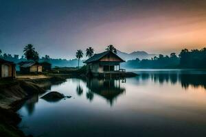 a small house sits on the shore of a lake at sunset. AI-Generated photo