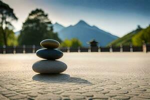 a stack of stones in front of a mountain. AI-Generated photo