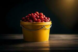 a bucket of raspberries on a wooden table. AI-Generated photo