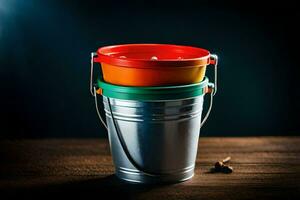 a stack of three metal buckets on a wooden table. AI-Generated photo