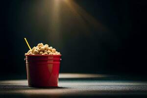 a red bucket filled with popcorn on a dark surface. AI-Generated photo