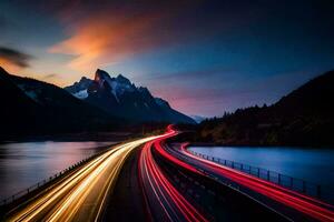 a long exposure photograph of a highway with lights on it. AI-Generated photo