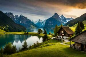 the house is surrounded by mountains and a lake. AI-Generated photo
