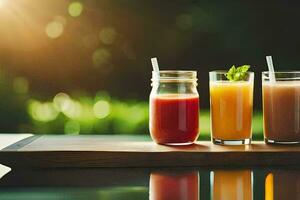 three different juices on a tray with sunlight shining through. AI-Generated photo