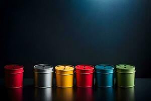 a row of colorful metal barrels on a dark background. AI-Generated photo