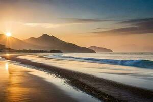 el Dom sube terminado el Oceano y montañas en esta foto. generado por ai foto