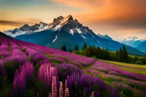 a beautiful purple field with mountains in the background. AI-Generated photo