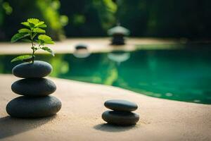 stones stacked on the beach near a pool. AI-Generated photo